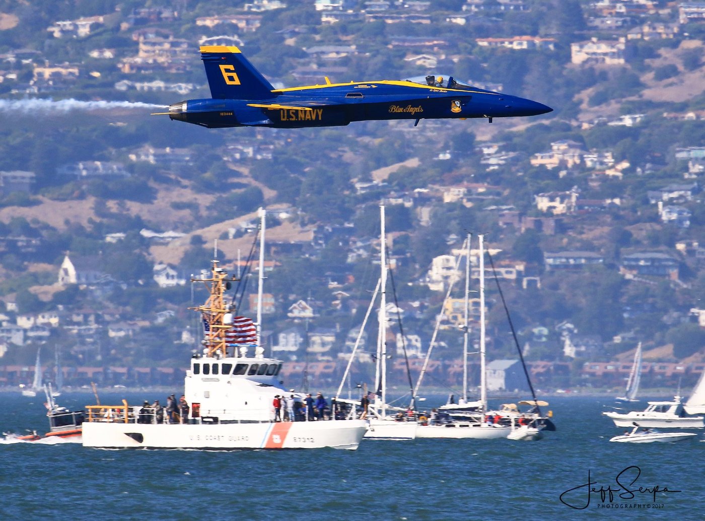 Blue Angel #6, Opposing Solo Lieutenant Tyler Davies on a high speed pass over the San Francisco Bay