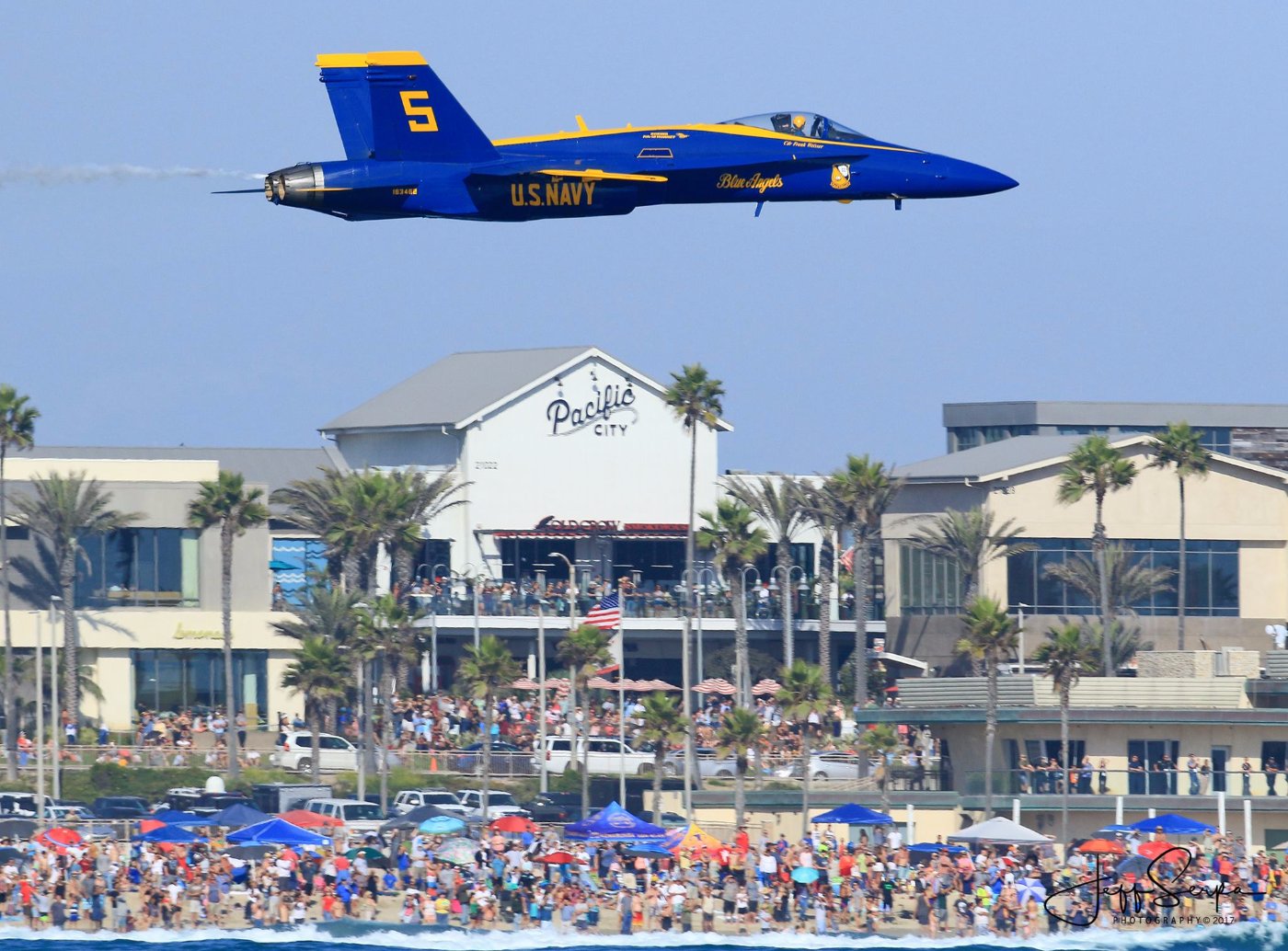 Blue Angel #5, Commander Frank Weisser on a high speed pass over The Huntington Beach Airshow